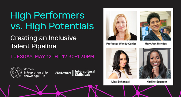 Poster for "High Performers vs. High Potentials" webinar featuring headshots of each panelist.